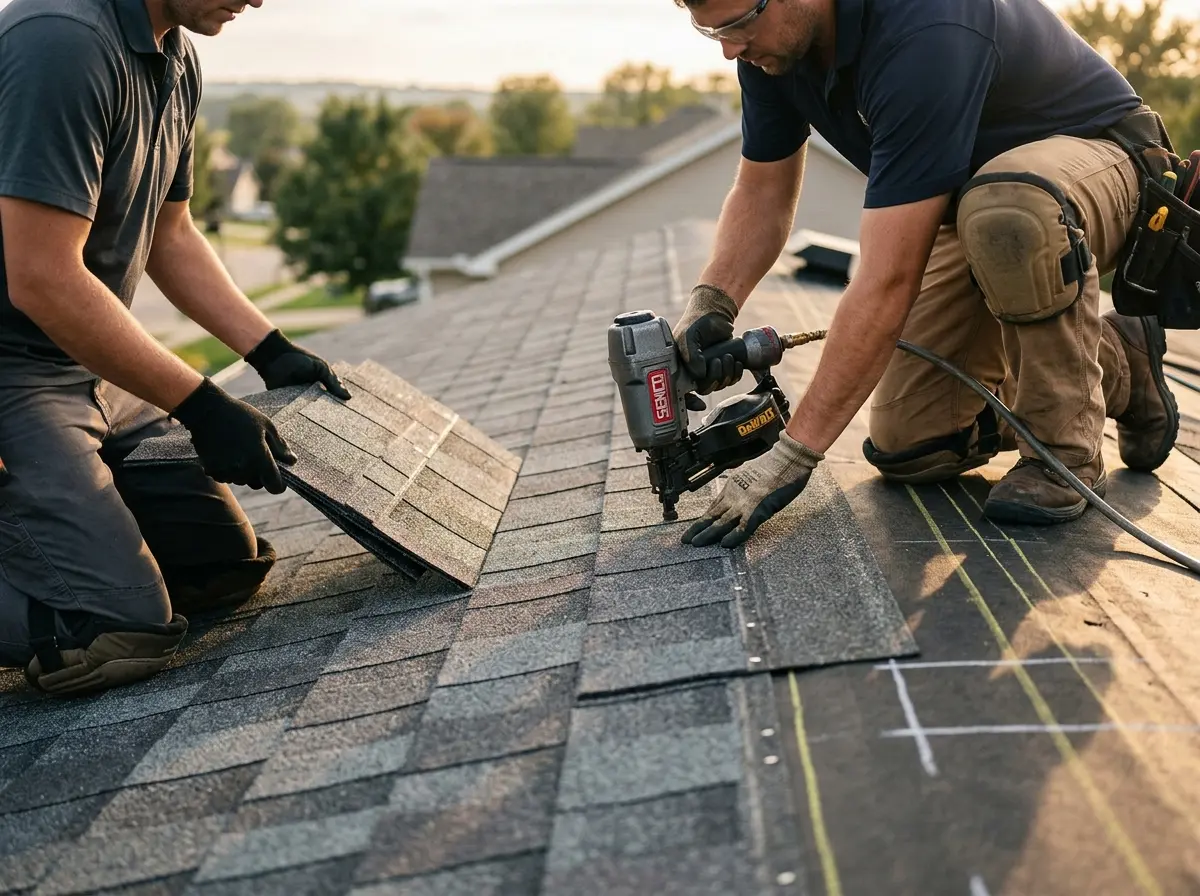 Professional roofer working on a residential roof in Larchmont